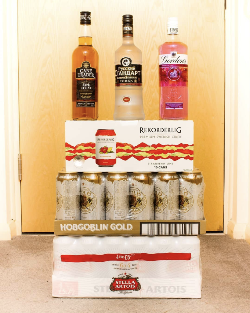 Two slabs of beer, a case of cider and a bottle each of whisky, vodka and gin