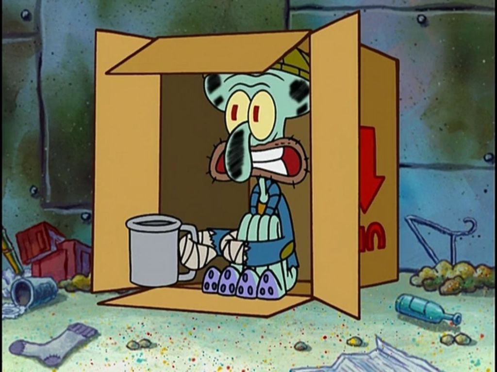 Squidward homeless and living in a box