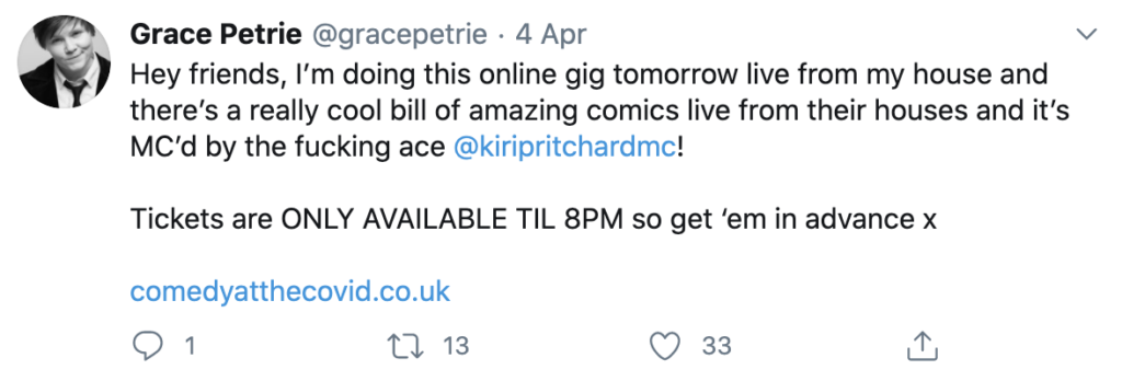 screenshot of tweet by grace petrie about a charity gig