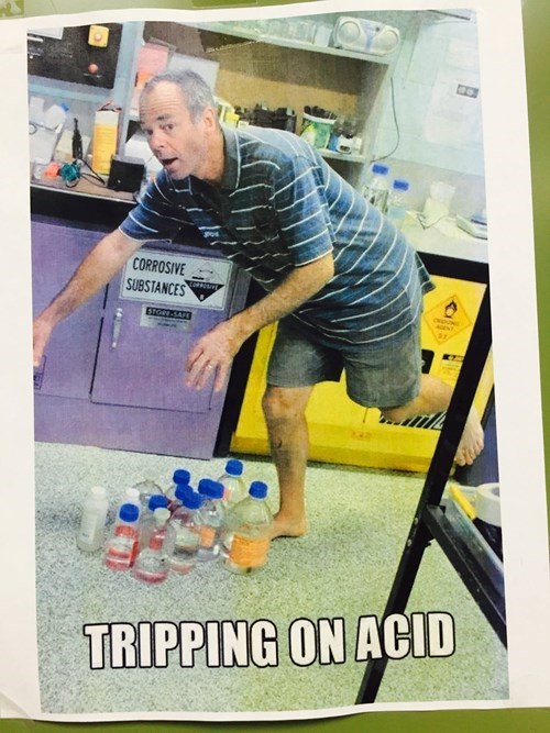meme showing a man tripping over bottles of chemical acid