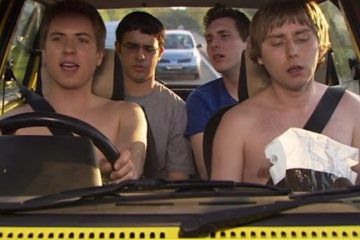 inbetweeners scene in a car with jay being iskc intoa. bag and two members topless