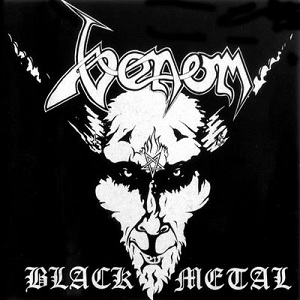 Album cover for the Venom album Black Metal depicting a demonic figure with an inverted pentagram on its forehead