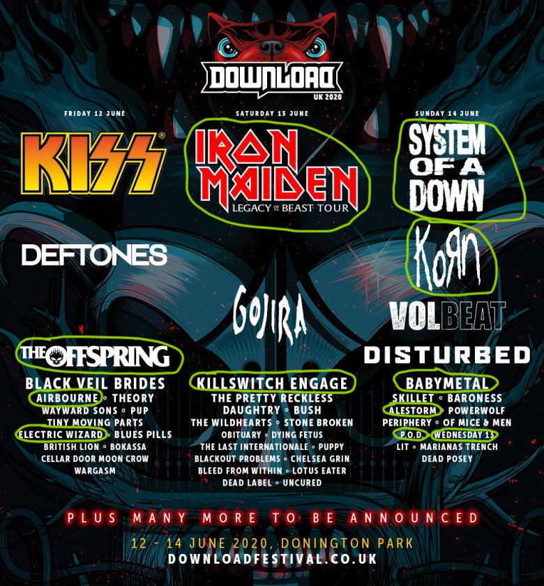 Download Festival 2020 lineup with the bands I was excited for circled in green