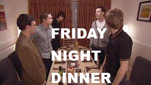 Screenshot from The Inbetweeners with the title card for Friday Night Dinner over the top