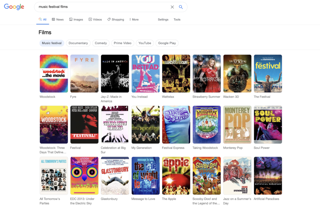 Google search results for the search term 'music festival films'