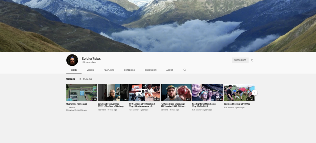 Screenshot of the Soldier7Sixx Youtube channel