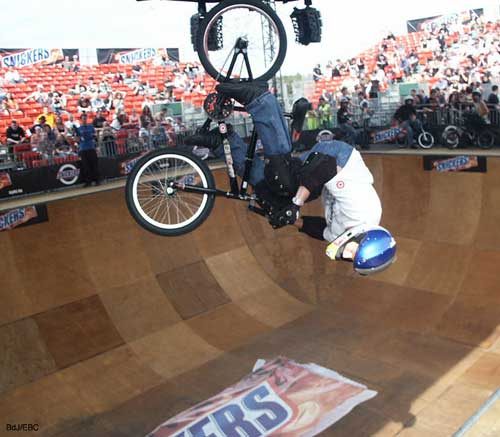 BMX rider Mat Hoffman does a trick in a bowl set up at Download festival 2005
