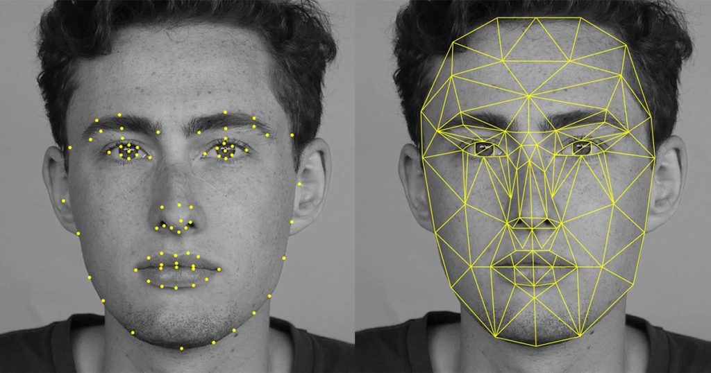A mans face with face scanning technology used, showing dots and lines to get the shape of the face
