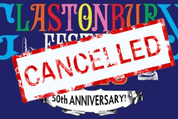 Glastonbury festival with a cancelled logo over the top