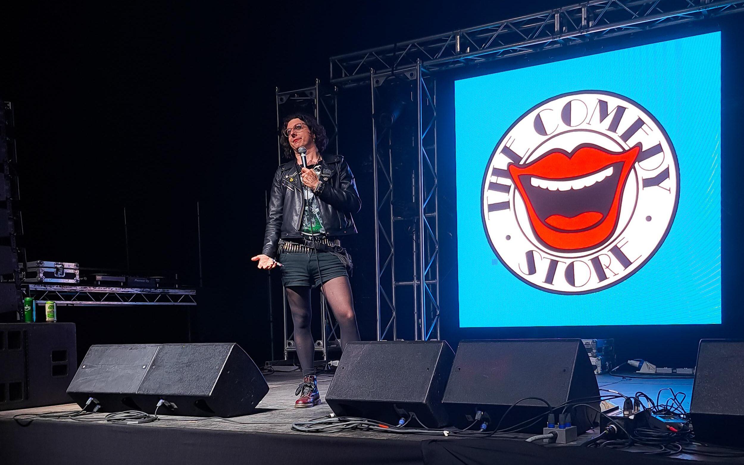 Comedian Andrew O'Neill performing at Download festival 2023